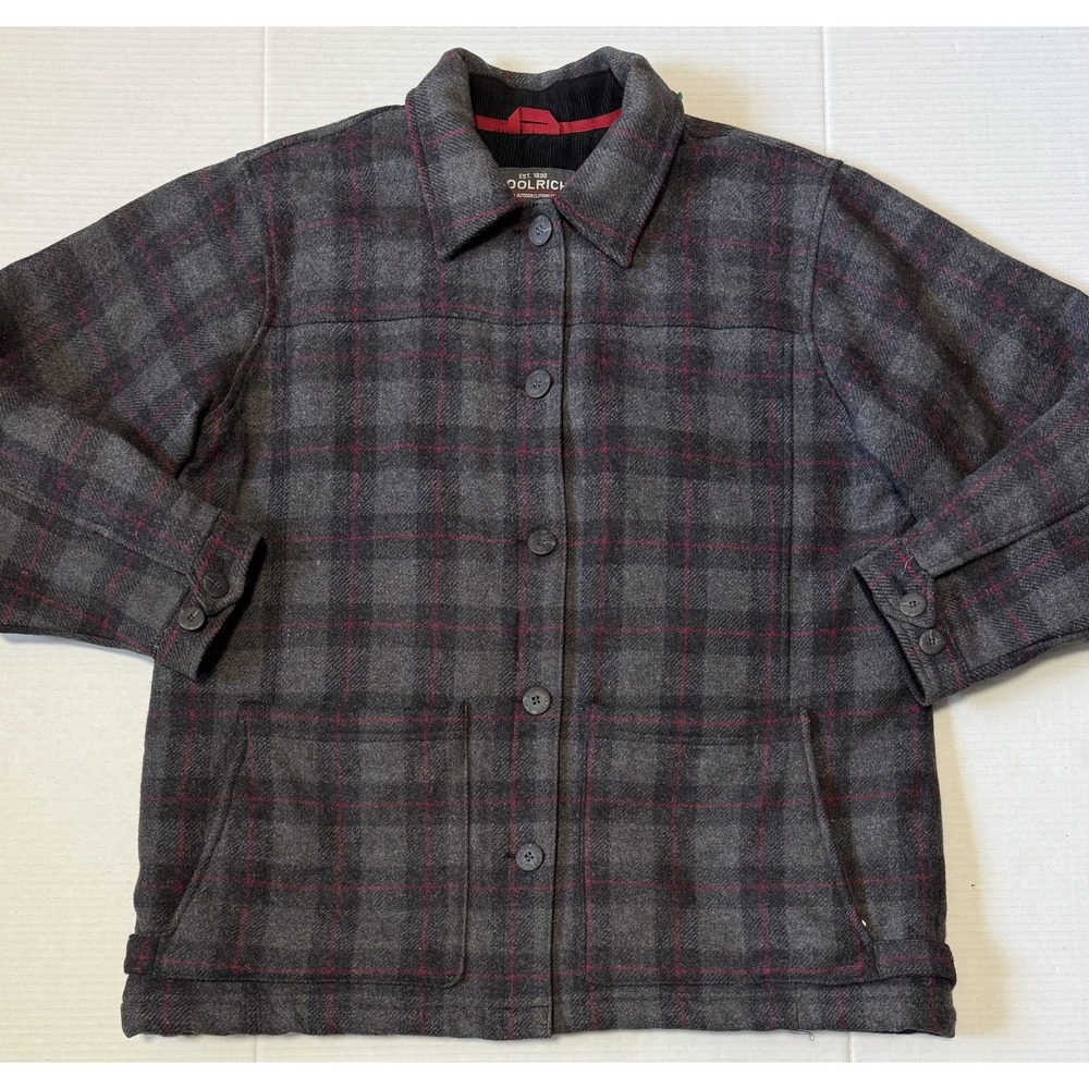 WOOLRICH - Women's Gray Plaid Sherpa‎ Lined Wool Shirt Jacket Shacket - X-Large